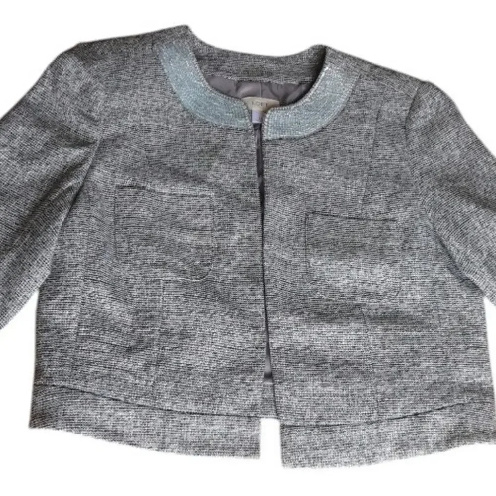 LOFT Silver Cropped Jacket with Sequin Collar | Size 14 | Lined Preppy Glam EUC - Picture 6 of 11